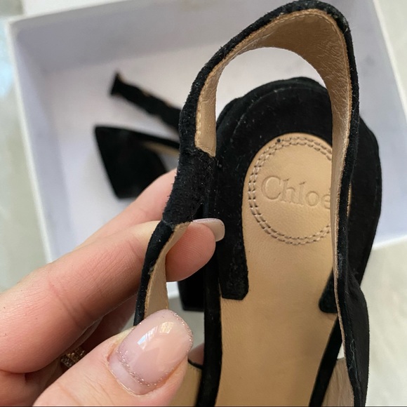Chloe scalloped sling back suede pumps black block heel - Picture 4 of 11